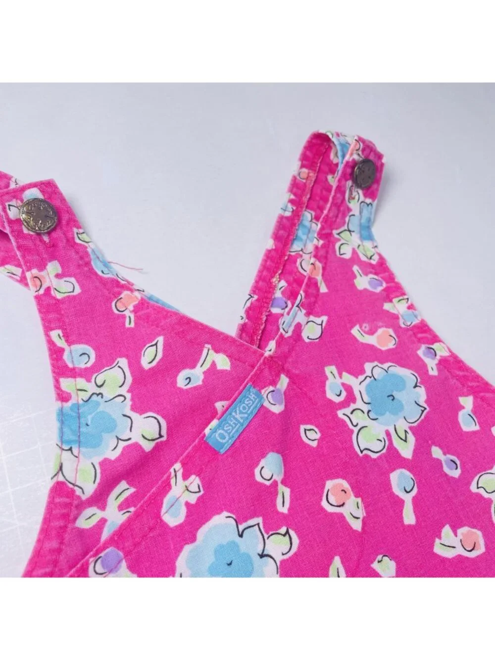 Vintage Oshkosh Toddler Girls Pink Cross Over Floral Denim Overalls Dress 4T